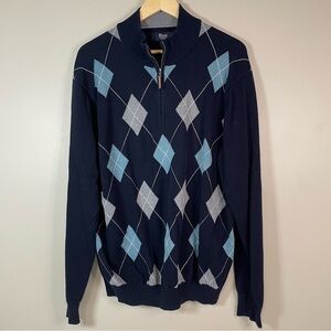 BASS Men's XL Navy Argyle 1/4 Zip Cotton Sweater Preppy Academia Golf‎ Dad EUC